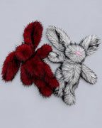 Cherry Red and Arctic White 45cm faux fur bunny plush toys, flat lay