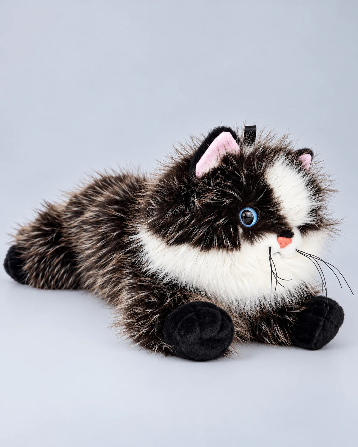 Realistic black cat plush toy, lying down, studio photo