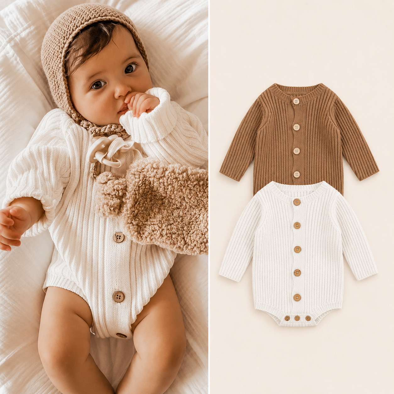 Knitted Baby Bodysuit - Long Sleeve Short Leg Cotton Romper, 0 to 24 Months