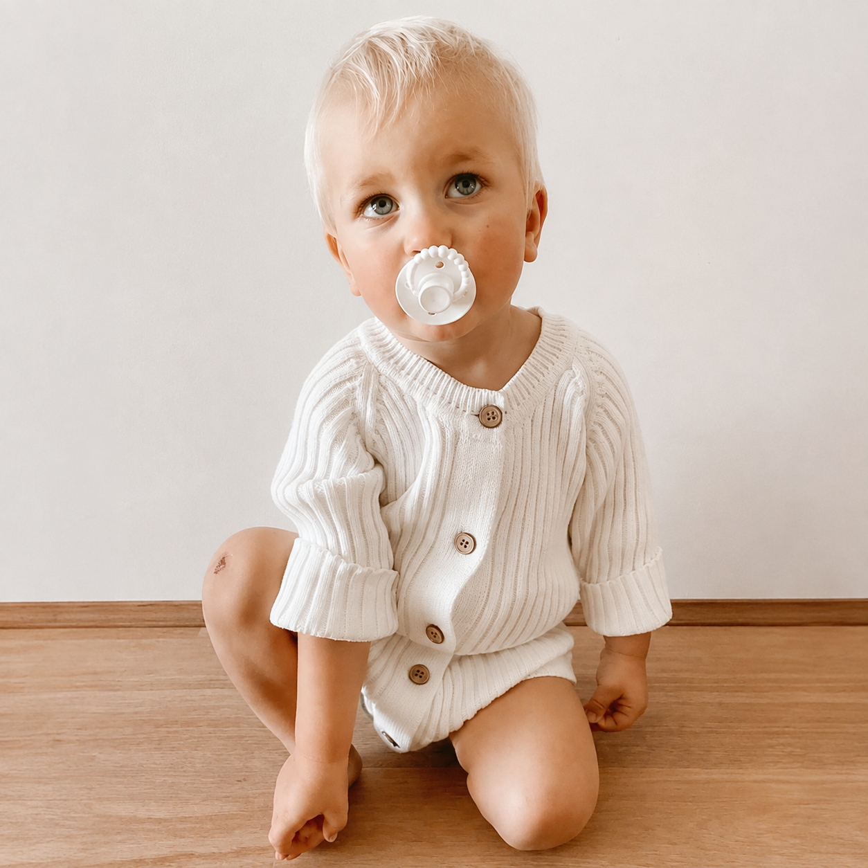 Knitted Baby Bodysuit - Long Sleeve Short Leg Cotton Romper, 0 to 24 Months