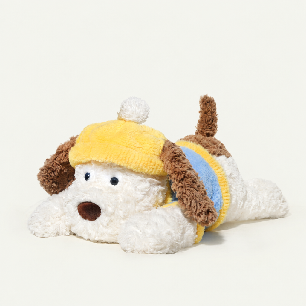 Soft plush puppy soft toys in three styles, including a sitting puppy holding a bee – Classic 44 cm