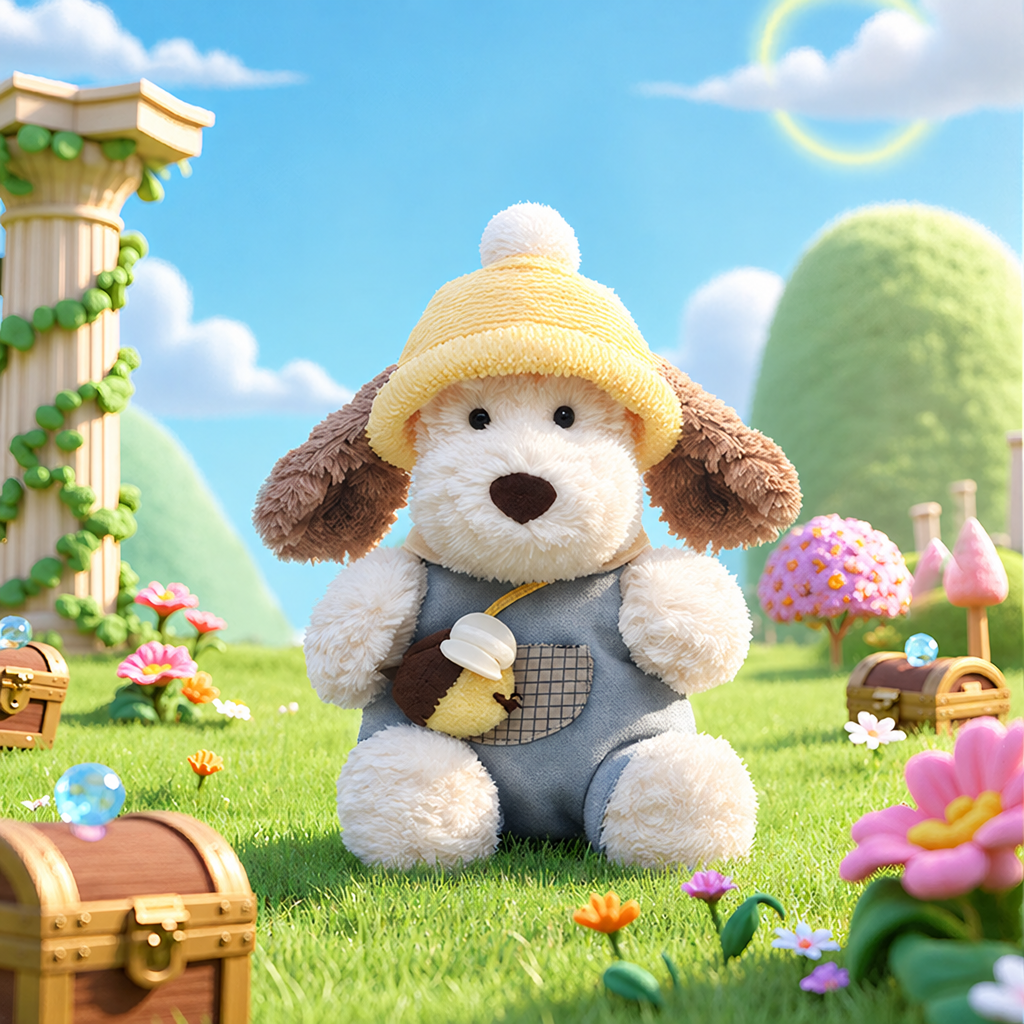 Soft plush puppy soft toys in three styles, including a sitting puppy holding a bee – Sitting with Bee 32 cm