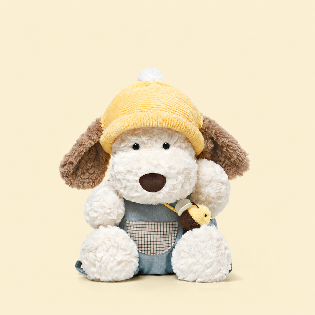Soft plush puppy soft toys in three styles, including a sitting puppy holding a bee – view 7 of 7