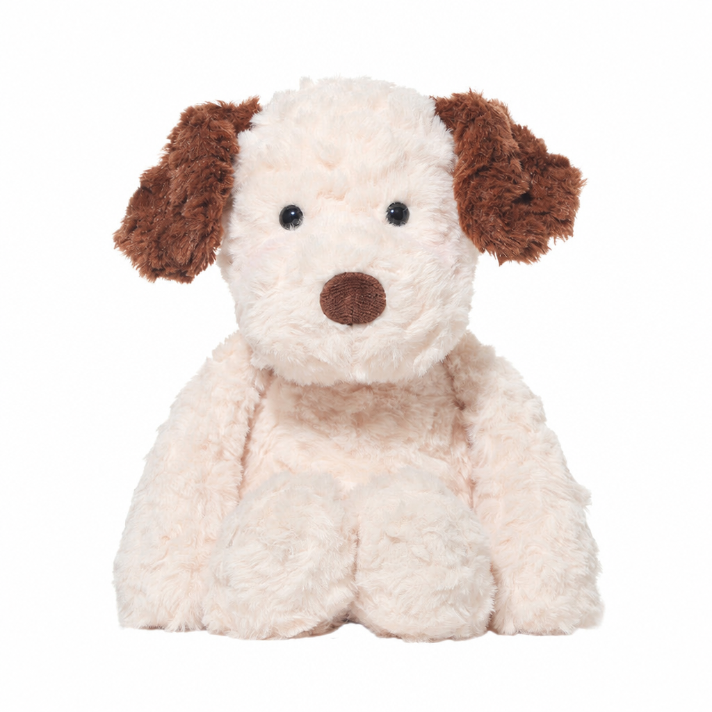 Soft plush puppy soft toy, 35 cm long, lying on a bed – view 4 of 4
