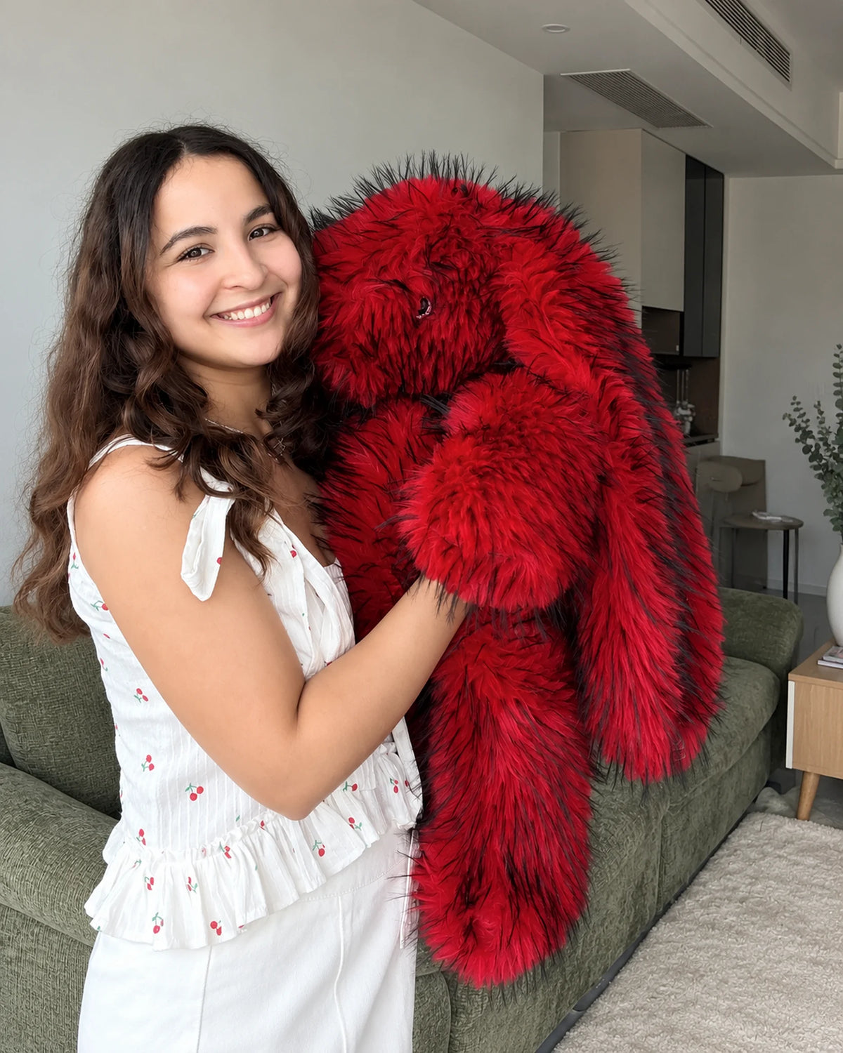 Giant Red Faux Fur Bunny Plush Toy 70cm - Cherry Red Long Pile Soft Rabbit, Christmas Gift, Bunny Doll