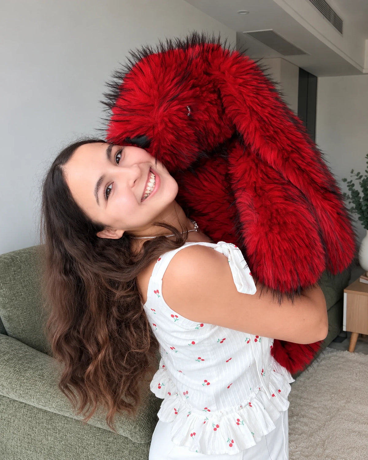 Giant Red Faux Fur Bunny Plush Toy 70cm - Cherry Red Long Pile Soft Rabbit, Christmas Gift, Bunny Doll