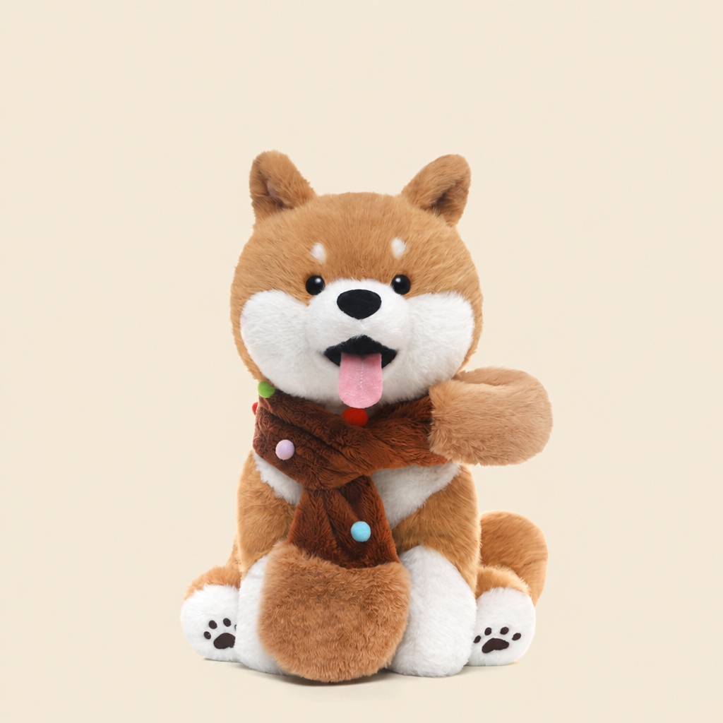 Short-plush shiba inu dog soft toy with curled tail, 34 cm long