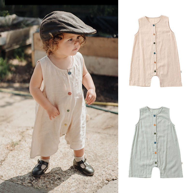 Sleeveless Cotton Baby Romper - Button Front Short All-in-One, 3 Months to 3 Years
