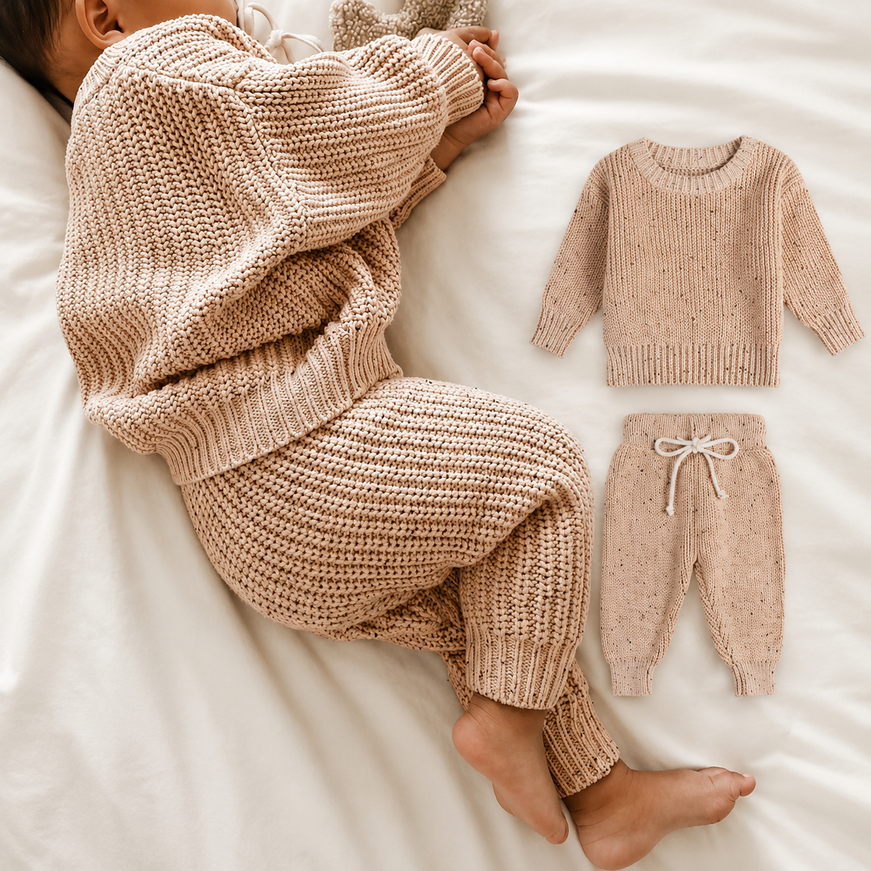 Speckled Knit Baby Set - Apricot Cotton Jumper and Trousers, 0 Months to 3 Years